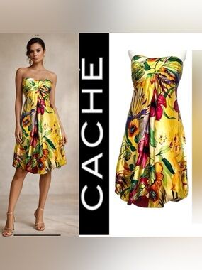 Cache VTG 100% Silk Gold Floral Print
Balloon Hem Strapless Dress 4 Y2K coquette